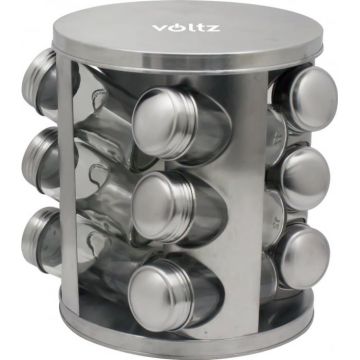 Set condimente 12 recipiente sticla cu capac inox Voltz V51217A12, Rotativ, Argintiu