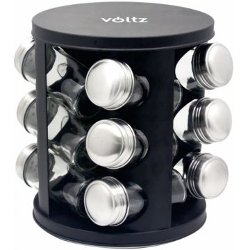 Set condimente 12 recipiente sticla cu capac inox Voltz V51217A12, Rotativ, Negru Mat