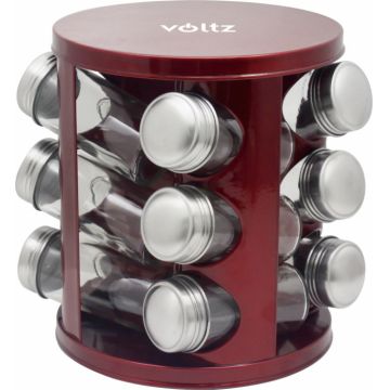 Set condimente 12 recipiente sticla cu capac inox Voltz V51217A12, Rotativ, Rosu lucios