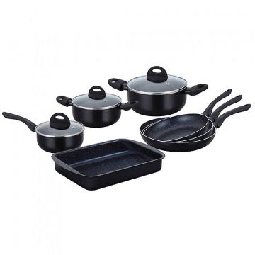 Set oale 10 piese Herzberg HG-9016BLACK, Aluminiu cu strat anti-aderent marmura, Negru