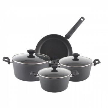 Set oale 7 piese Zilan ZLN-3277, Auminiu, Anti-aderent, Manere ebonita, Capace sticla termorezistenta