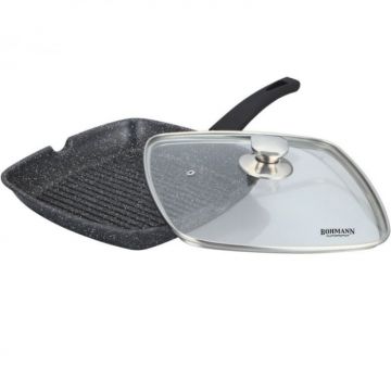 Tigaie Grill cu capac Bohmann BH1002-24MRB, aluminiu presat, interior-exterior marmorat, 24cm