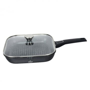 Tigaie GRILL cu maner detasabil Bohmann BH1730-28GP, 2L, Aluminiu, Capac sticla, Diametru 28x28x5.5cm, Inductie, Neagra