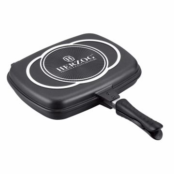 Tigaie grill dubla Herzog Preium HR-DP28M, 28cm, Aluminiu, Acoperire Marmura, Neagra
