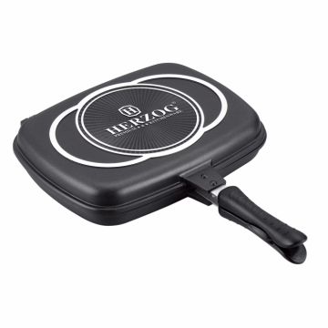Tigaie grill dubla Herzog Preium HR-DP34M, 34cm, Aluminiu, Acoperire Marmura, Neagra