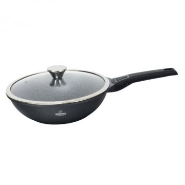 Tigaie WOK cu maner detasabil Bohmann BH1730-28WK, 3.4L, Aluminiu, Capac sticla, Diametru 28x8cm, Inductie, Neagra
