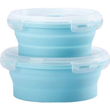 Caserole rotunde 2 buc set, pliabile eMazing din silicon rezistent la temperaturi inalte, capacitate 500 si 800 ml, culoare albastra, potrivite pentru cuptorul cu microunde.