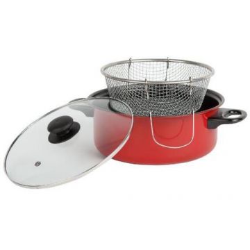 Friteuza teflonata Vanora VN-E-C216, 24 cm, cu capac si cos (Rosu)