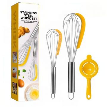 Kit de 3 ustensile pentru bucatarie eMazing: 2 teluri si un separator de oua, realizate din inox si silicon, culoare galbena