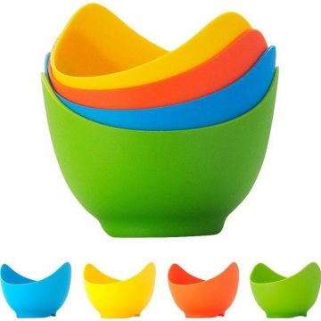 Kit eMazing de 4 forme pentru oua posate, rezistenta la temperaturi ridicate, silicon usor de folosit, in culori variate