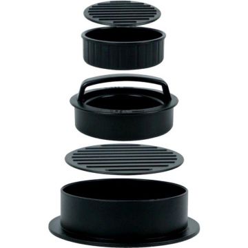 Presa dubla pentru hamburgeri 2 in 1 eMazing, forma si presa, doua dimensiuni, cu maner, usor de curatat si folosit, material ABS, 100 de foi hartie de copt incluse, 13x13.5x7 cm, fara lipire, neagra