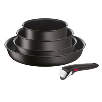 Set 5 piese Tefal Ingenio Eco Resist, cratita 16 cm, oala 20 cm, tigaie 24 / 28 cm, maner detasabil, invelis antiaderent Titan, indicator termic Thermo Signal, Negru