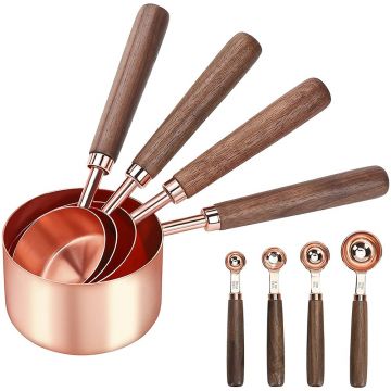 Set 8 cupe metalice masurare Quasar & Co., cu manere din lemn, 1,25 ml/2,5 ml/5 ml/15 ml/60 ml/80 ml/125 ml/250 ml, otel inoxidabil, Rose Gold