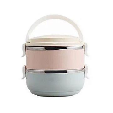 Set caserole alimentare, lunch box cu 2 recipiente din otel inoxidabil, capacitate 1400 ml, prevazut cu maner si valva de aerisire, inchidere ermetica, multicolor