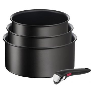 Set de 4 piese Tefal Ingenio Eco Resist, cratita de 16/18/20 cm, maner detasabil, indicator Thermo-Signal, compatibil cu inductia, invelis antiaderent, negru