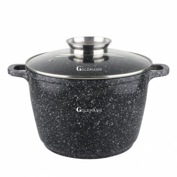 Oala aluminiu Goldmann, 10L, 28x20cm, capac sticla, compatibil inductie, acoperire ceramica marmorata, Neagra