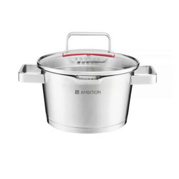 Oala cu capac strecurator Selection, Ambition, 18 cm, 2.3L, inox/sticla, argintiu/transparent Oala cu capac strecurator Selection, Ambition, 18 cm, 2.3L, inox/sticla, argintiu/transparent