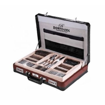Set tacamuri 72 piese Bohmann, Model satinat, inox, Diplomat negru maro