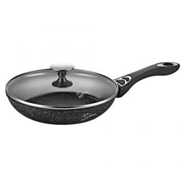Tigaie antiaderenta cu capac Samus VER281LFPB- 28 cm, Invelis marmura antiaderenta, Rezistenta la abraziune si la temperaturi inalte (Negru)
