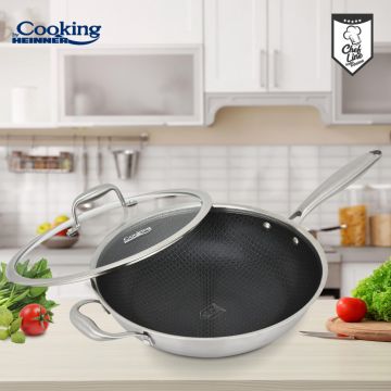 Tigaie Wok 4.5 L, Titanium3, Cooking by Heinner, 30x8.5 cm, inox/sticla, argintiu