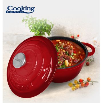 Oala cu capac Red Line, Cooking by Heinner, 24x11.5 cm, 4 L, fonta/inox, rosu