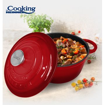 Oala cu capac Red Line, Cooking by Heinner, 28x13 cm, 6 L, fonta/inox, rosu
