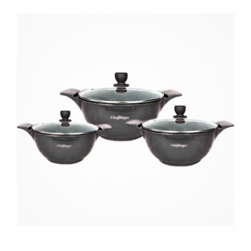 Set 3 Cratite Cheffinger cu Capac Acoperire cu Marmura Antiaderenta