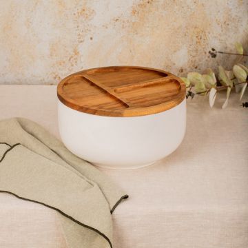 Bol cu capac Mooka, Homla, 24x13.5 cm, ceramica/lemn de salcam, alb/maro