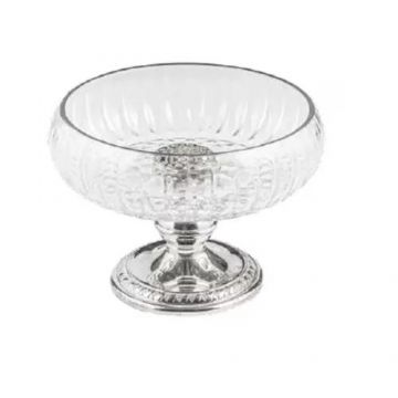 Bol decorativ din sticla pentru servire fructe uscate, nuci, gustari, Deco Art, Diametru 17 cm, Finisaje argintii (Transparent/Argintiu)
