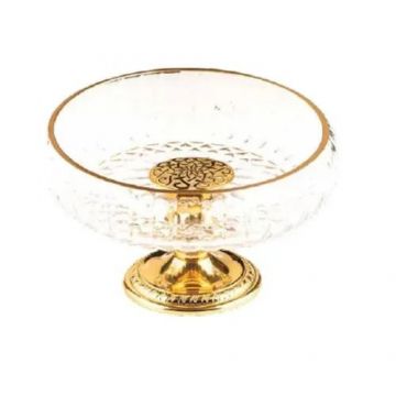 Bol decorativ din sticla pentru servire fructe uscate, nuci, gustari, Deco Art, Diametru 17 cm, Finisaje aurii (Transparent/Auriu)
