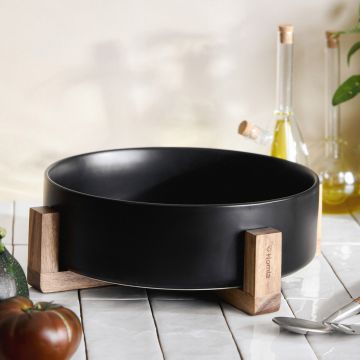 Bol salata Fincan, Homla, 32 cm, portelan/lemn, negru/natur