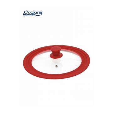 Capac din sticla cu margine din silicon ajustabila pe 3 dimensiuni 22/24/26 cm, Rosu, Cooking By Heinner