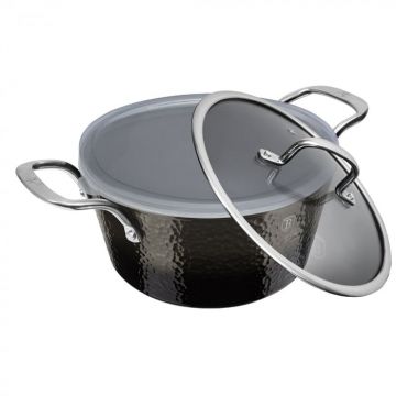 Cratita cu capac din sticla BERLINGER HAUS 20 cm 2.5L acoperire marmurata manere din inox negru