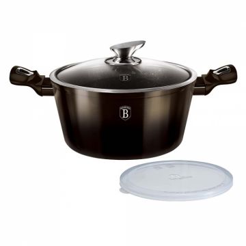 Cratita cu capac din sticla BERLINGER HAUS 20 cm 2.5L acoperire marmurata negru lucios