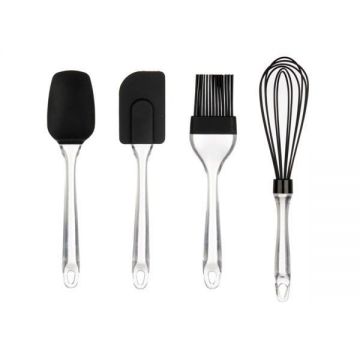 Set 4 ustensile de bucatarie din silicon cu maner de plastic, negru/transparent