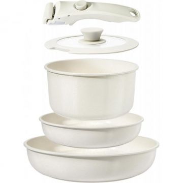 Set 5 piese Goldmann, Tigaie Cratita WOK Capac + Maner detasabil, Aluminiu turnat marmorat anti-aderent, Bej