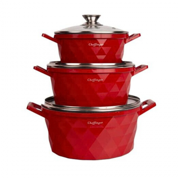 Set de 3 Cratite Cheffinger cu Capac si Acoperire de Marmura Anti-lipire Rosu