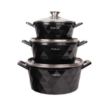Set de 3 Cratite Cheffinger cu Capac si Acoperire de Marmura Anti-lipire