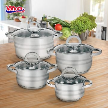 Set de gatit 8 piese, Medina, Vanora Home, 1.8 L / 2.5 L / 4.5 L / 6 L, inox, argintiu