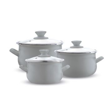 Set oale emailate 6 piese, Emalia Olkusz, 16 cm/18 cm/20 cm, 2 L/2.8 L/3.2 L, otel/sticla, gri