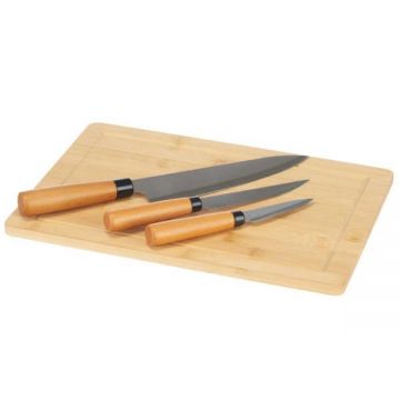 Set platou din bambus cu 3 cutite pentru branza