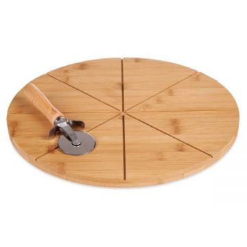 Set platou din bambus pentru servit pizza D:35 cm cu rola pentru feliere
