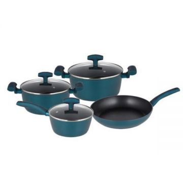 Set vase de gatit Michelino, 7 piese, aluminiu forjat, acoperire antiaderenta, turcoaz