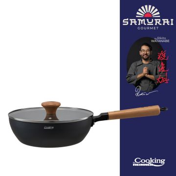 Tigaie Wok cu capac, Samurai Gourmet by Rikito Watanabe si Cooking by Heinner, 24x7.5 cm, aluminiu, negru/natur