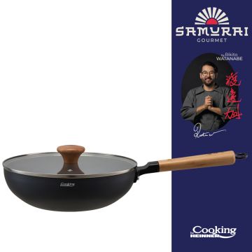 Tigaie Wok cu capac, Samurai Gourmet by Rikito Watanabe si Cooking by Heinner, 26x7.5 cm, aluminiu, negru/natur