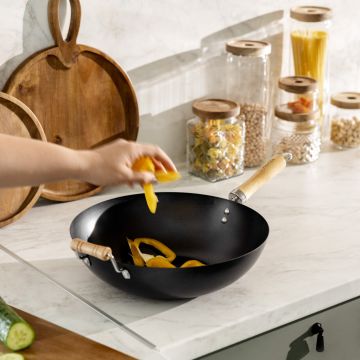 Tigaie Wok Sydney, Homla, 50x32x9 cm, 4 L, otel/lemn/sticla, negru/natur