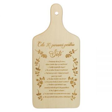 Tocator Cele 10 porunci pentru Soti. Dreptunghiular, lemn, cu maner, 30 x 14 cm
