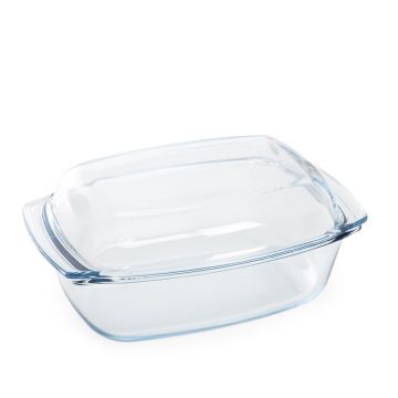 Vas de copt termorezistent cu capac Calde, Homla, 28x21.5x10 cm, 5 L, sticla borosilicata, transparent