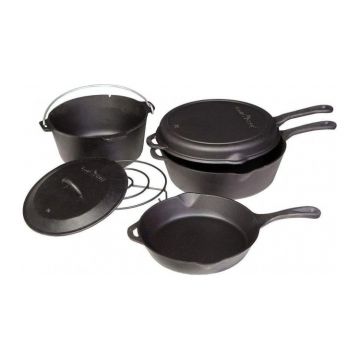 Set 6 vase fonta contine Ceaun, Tigaie clasica 25 cm, Tigaie inalta 25 cm, Tigaie adanca 25 cm, Capac, Suport Camp Chef CC-CBOX6