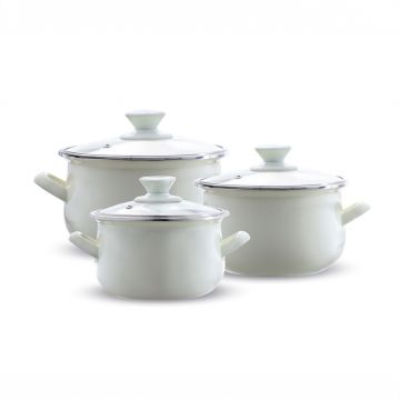Set oale emailate 6 piese, Emalia Olkusz, 14 cm/16 cm/18 cm, 1.25 L/2 L/2.8 L, otel/sticla, crem